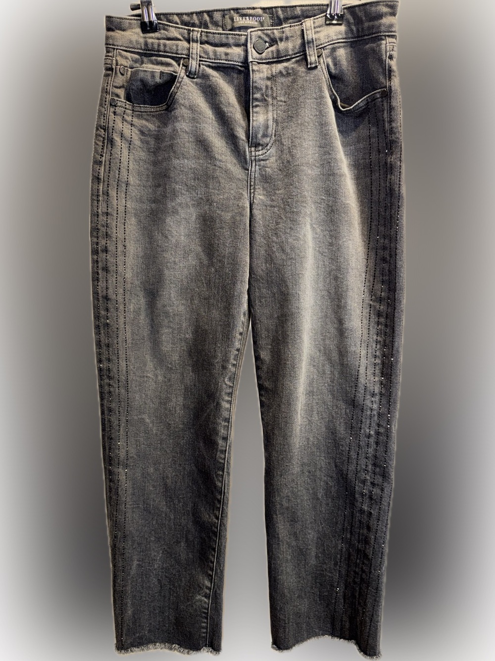 Liverpool Jeans Black Rhinestone Stripe Raw Hem Size 8/29
